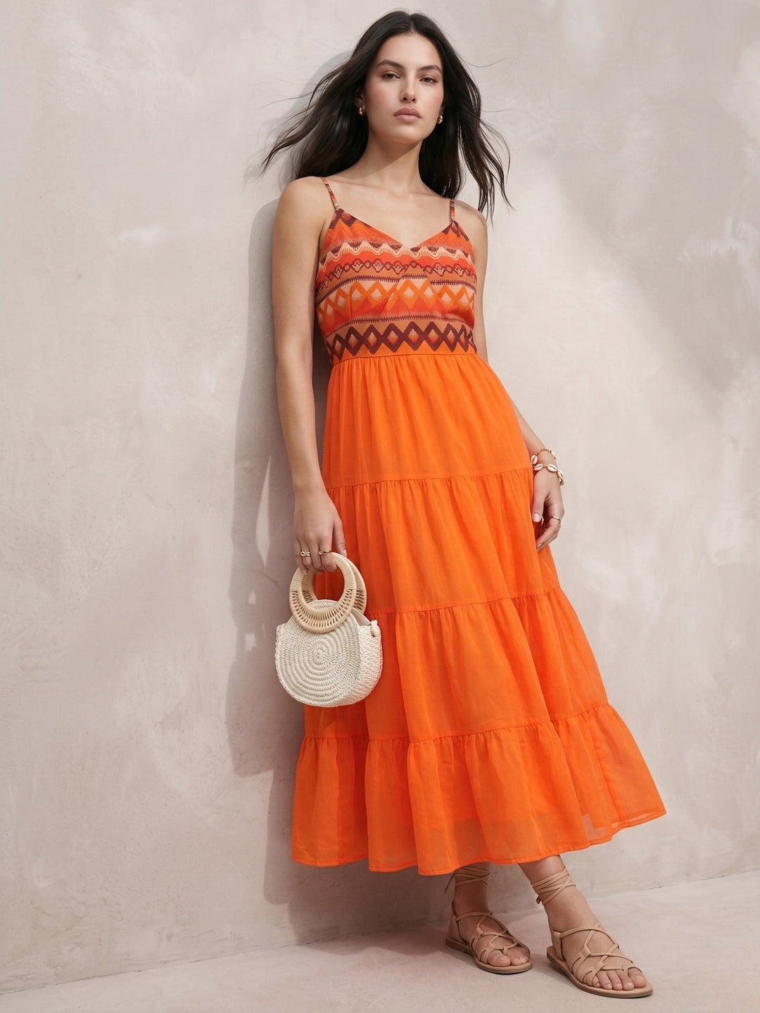 Orange Shoulder Strap Back Bow Tiered Dress