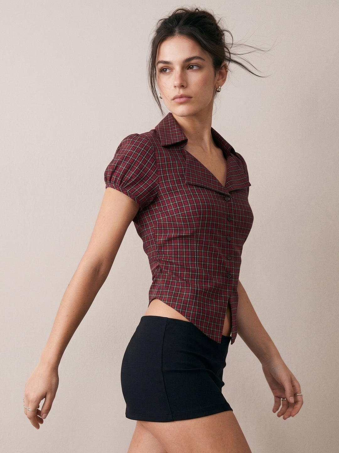 Wine Checkered Fitted Button Down Shirt With Back Belt Detail