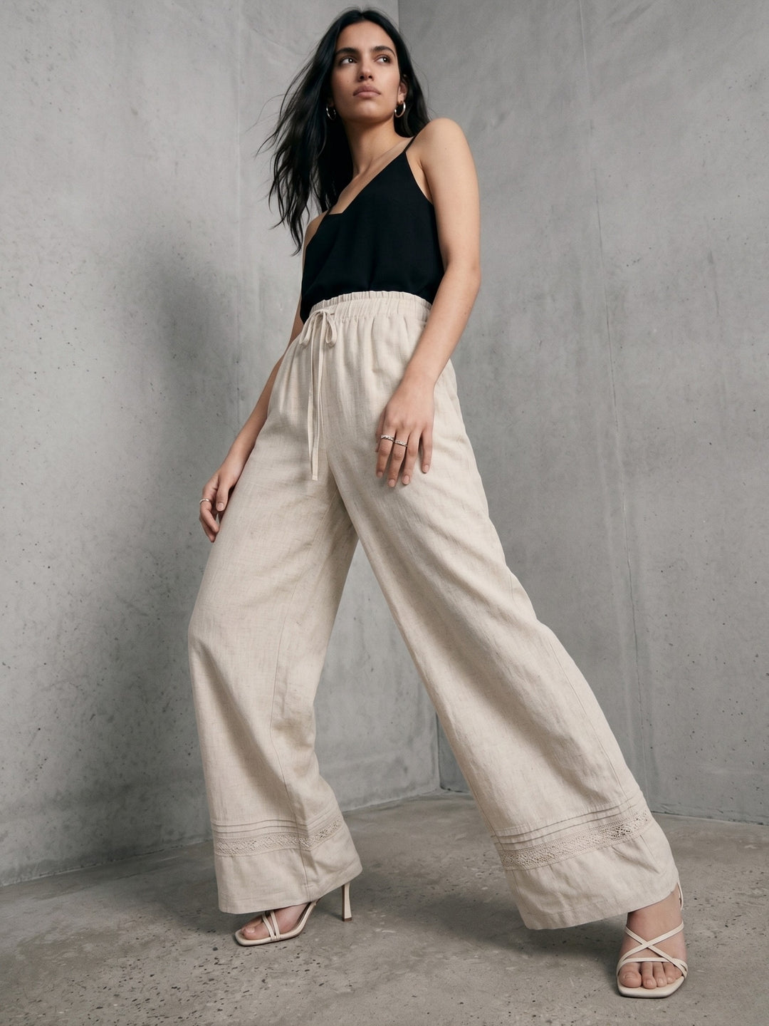Off white Lace Detail Wide Leg Trousers