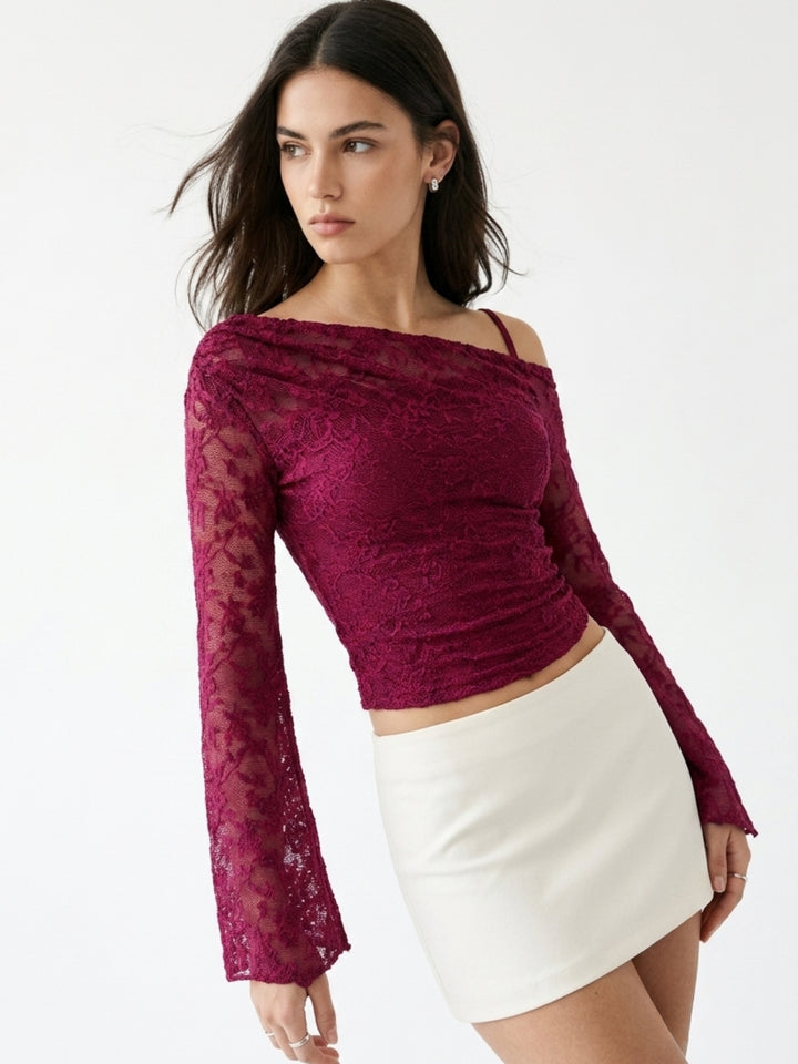 Maroon One Shoulder Bell Sleeve Lace Top