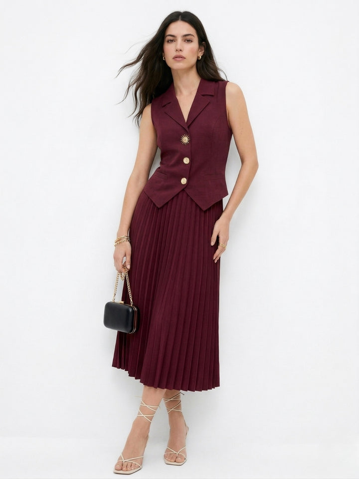 Maroon Sleeveless Vest And Skirt Set