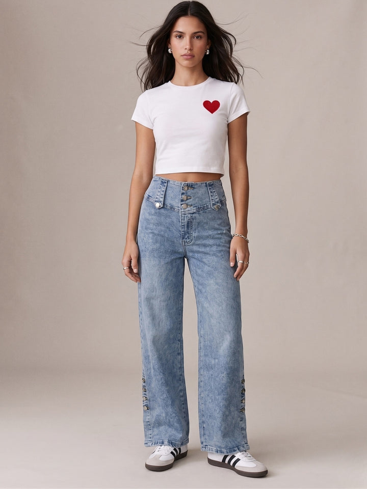 Blue Wide Waistband With Lower Side Slit And Buttons
