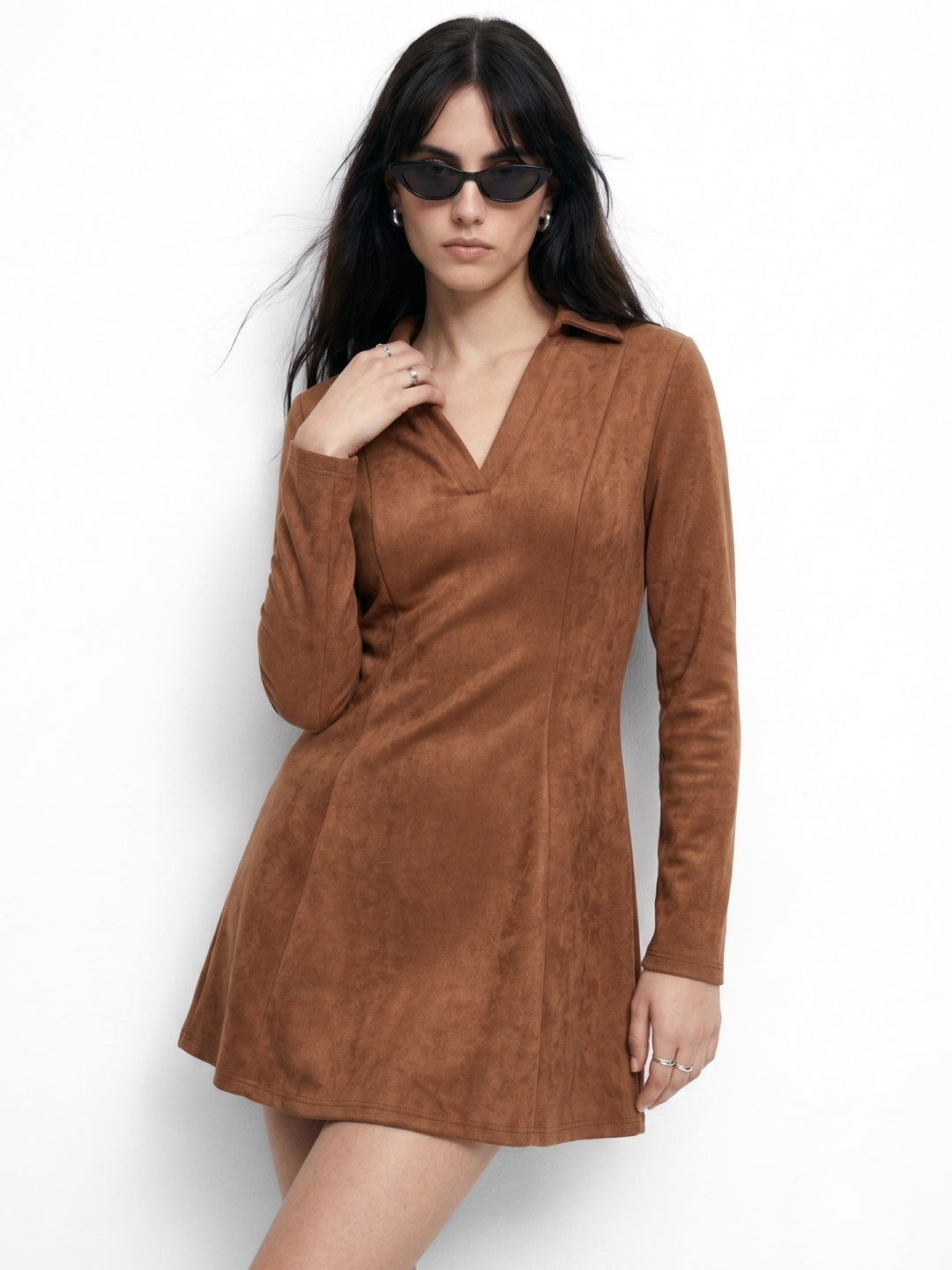 Brown V Neck Collared Polo Skater Dress