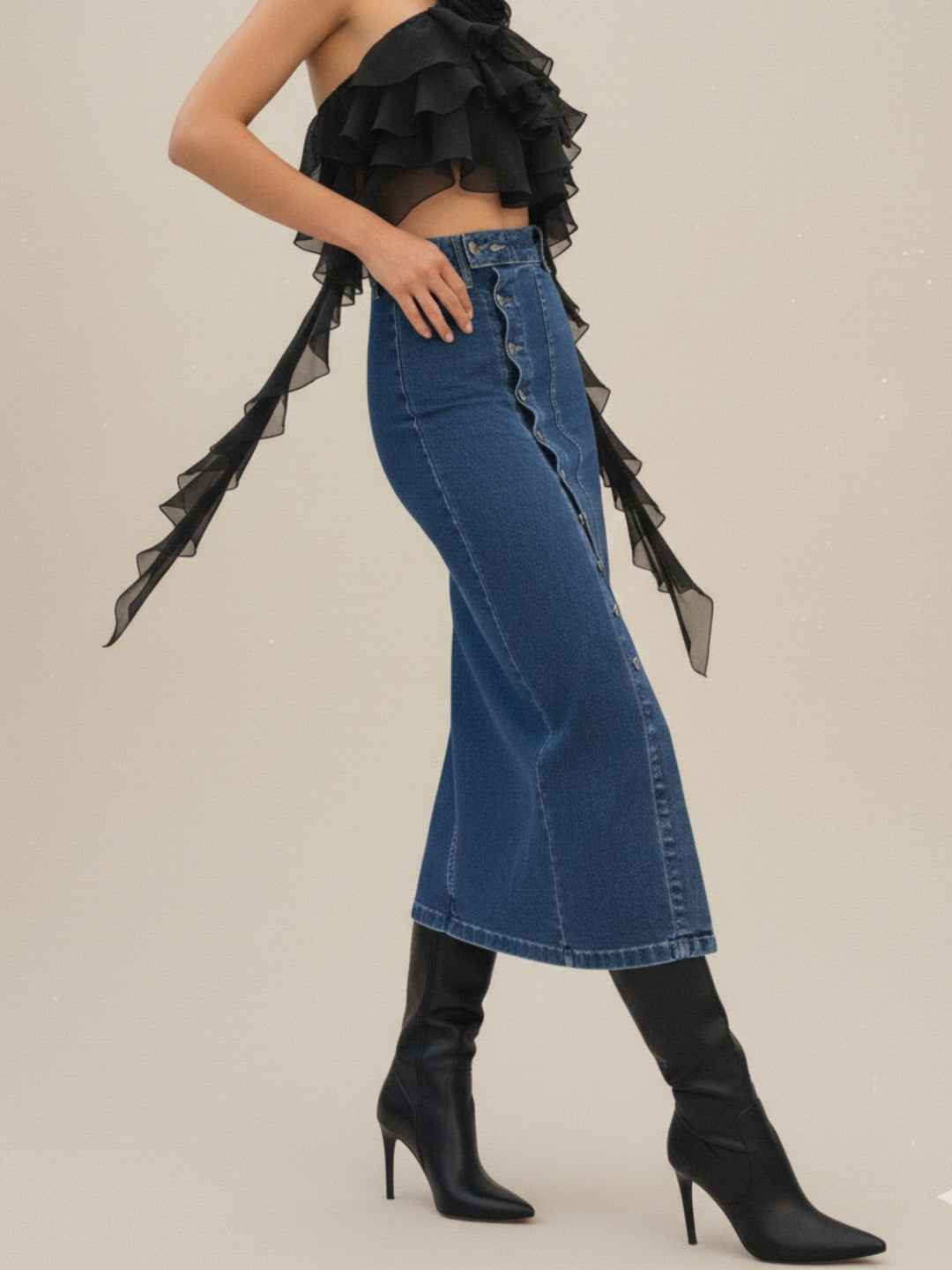 Blue High Waist Front Button Slit Skirt