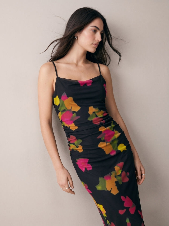 Black Cowl Neck Printed Strappy Dress