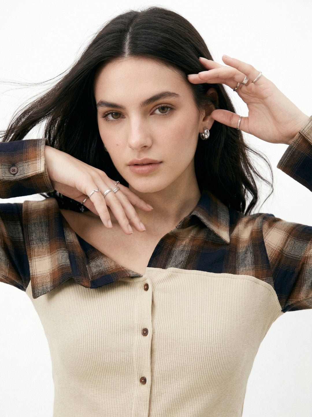 Beige Ribbed Tube Top With Checkered Off-Shoulder Style