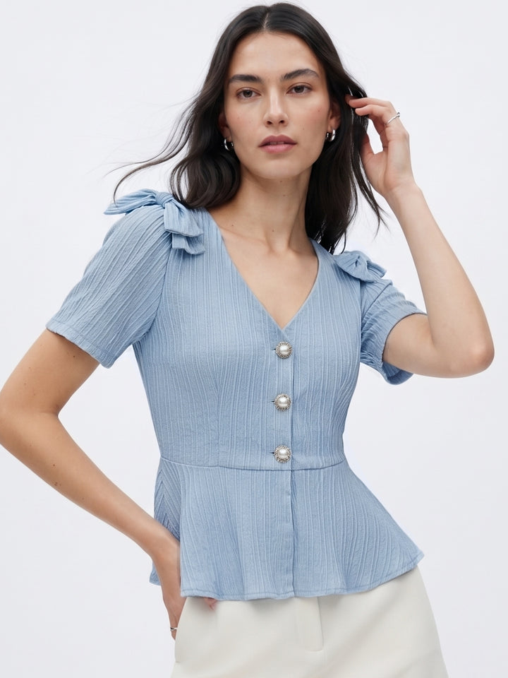 Light Blue Shoulder Bow Front Buttoned Textured Top