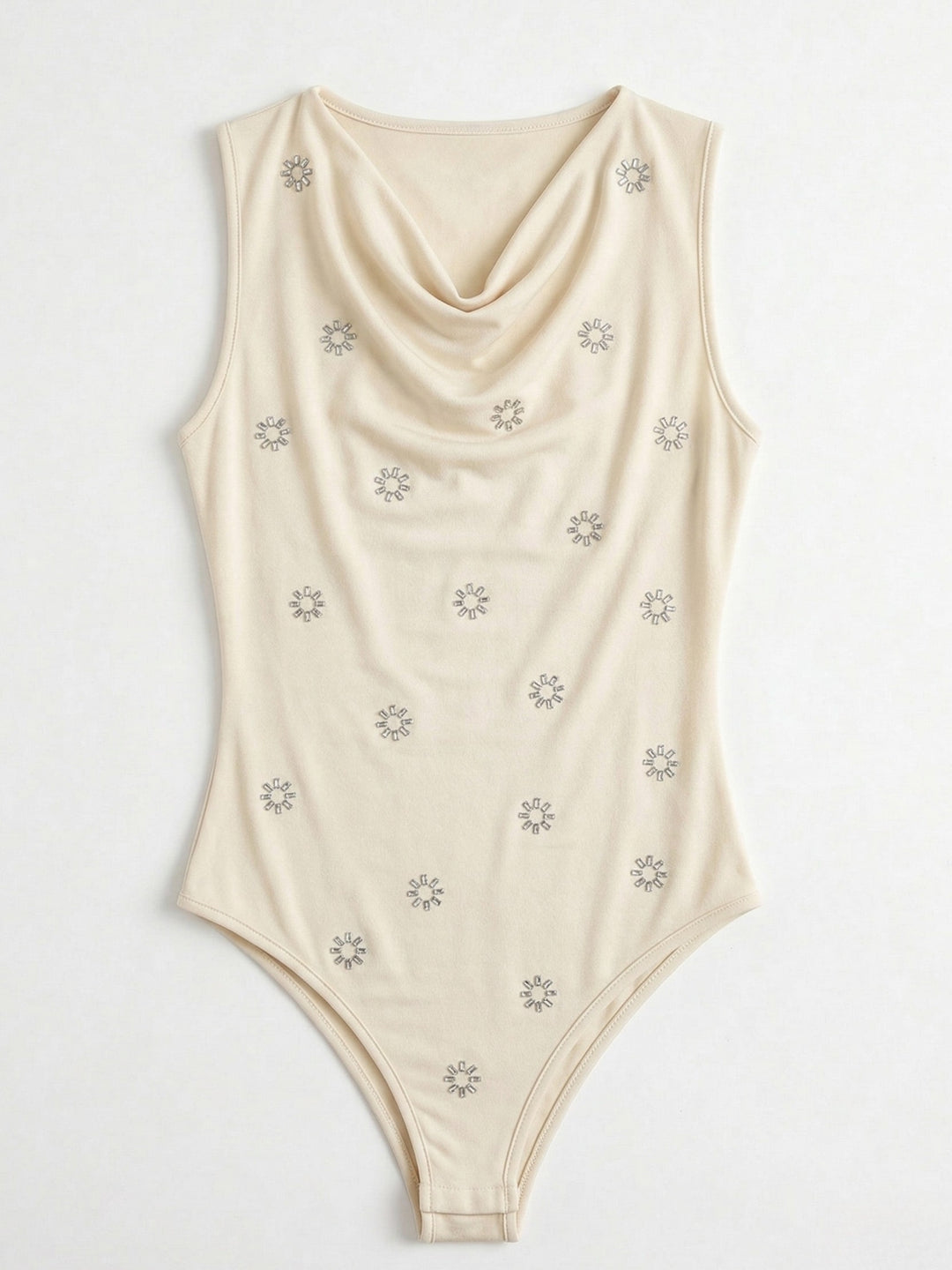 Off White Sleeveless Printed Cowl Neck Bodysuits
