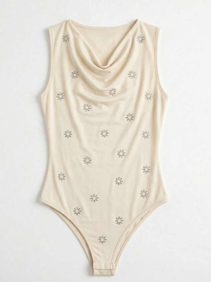 Off White Sleeveless Printed Cowl Neck Bodysuits
