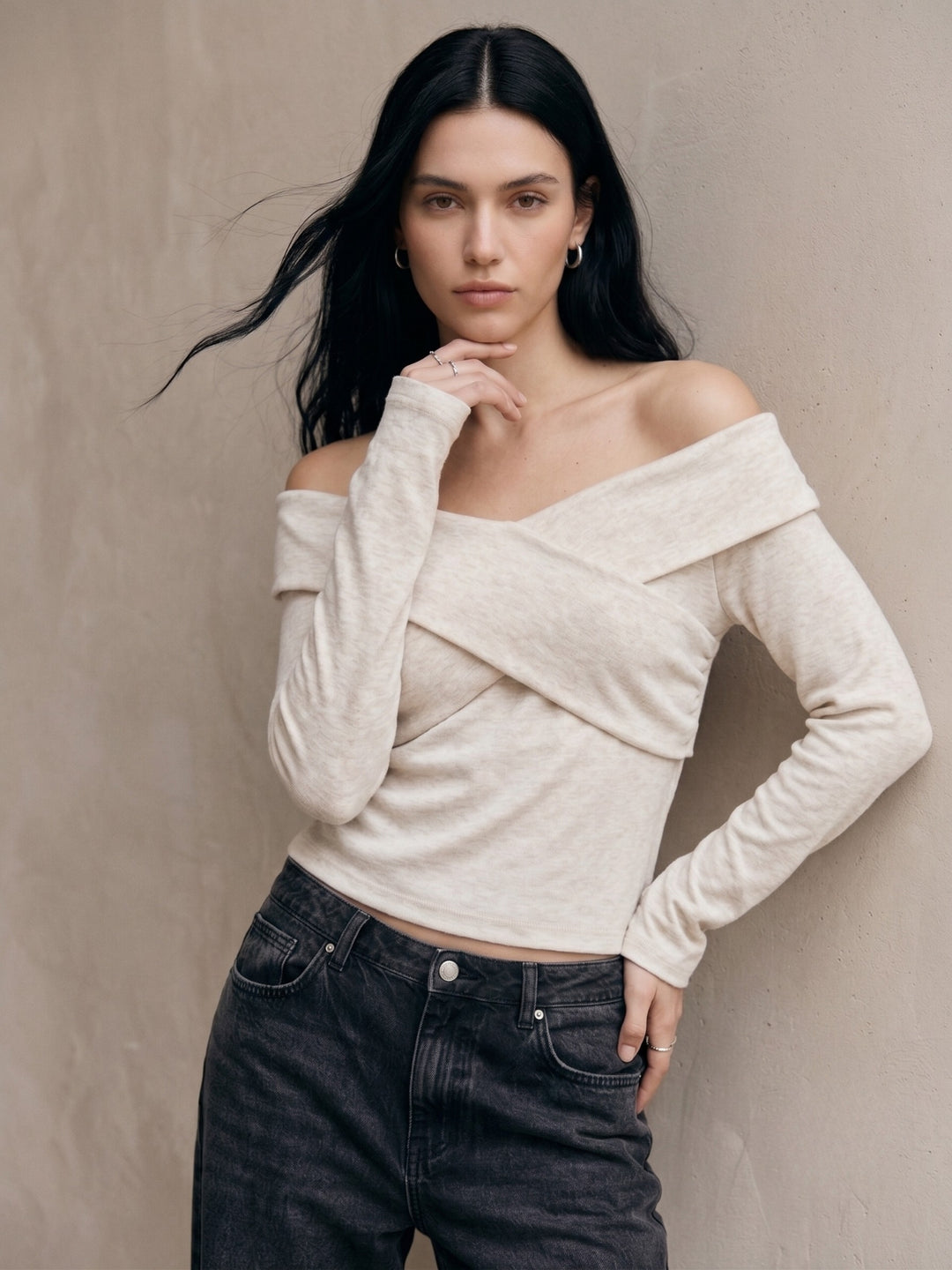 Cream Criss Cross Off-Shoulder Fitted Top
