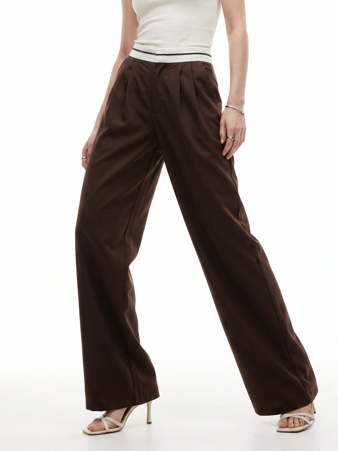 Brown Contrast Waist Band Pleated Wide Leg Trouser