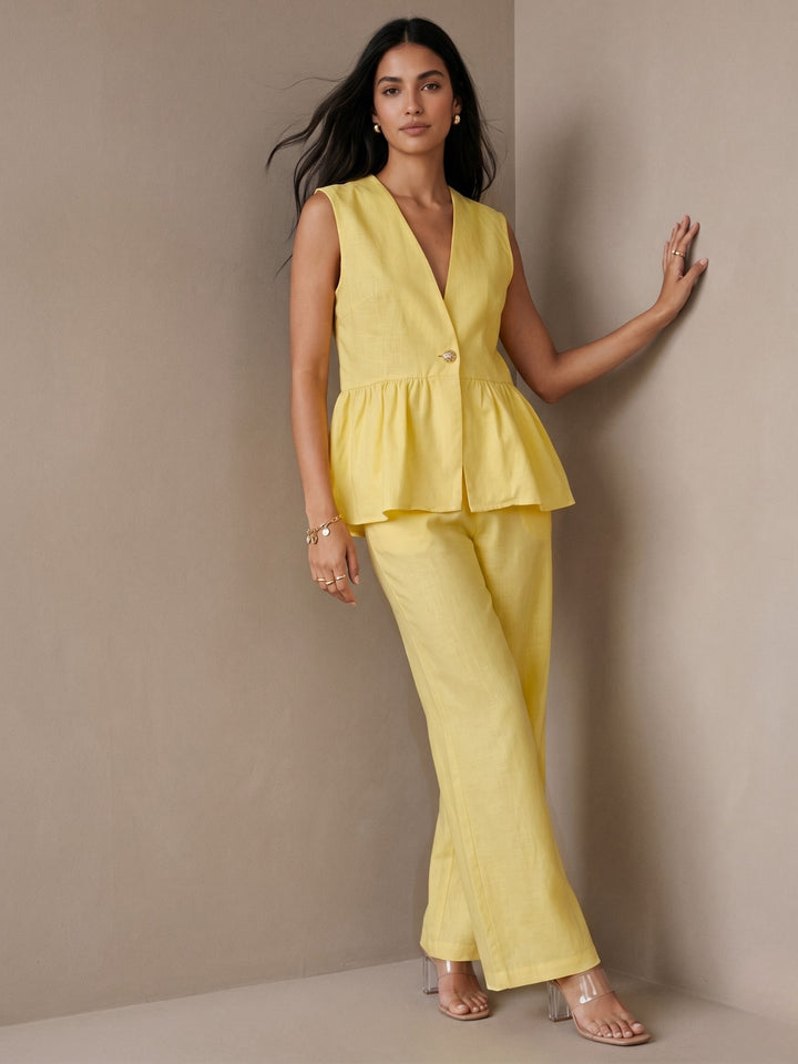 Yellow Sleeveless V Neck Top And Pant Set