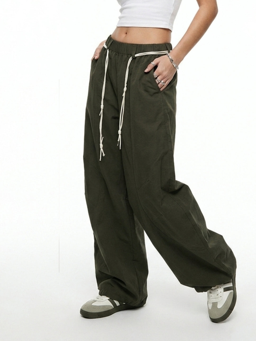 Olive High Waist Contrast Drawstring Pant