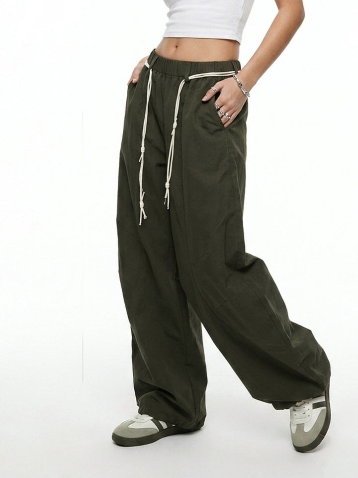 Olive High Waist Contrast Drawstring Pant