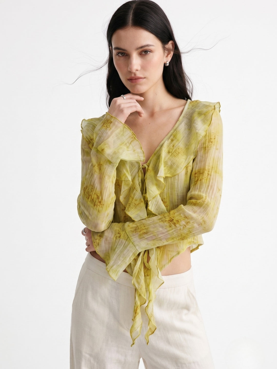 Yellow Printed Front Open Shrug Styled Top