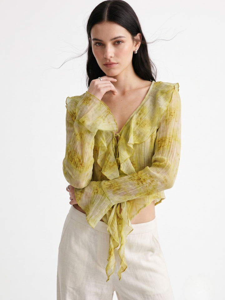 Yellow Printed Front Open Shrug Styled Top