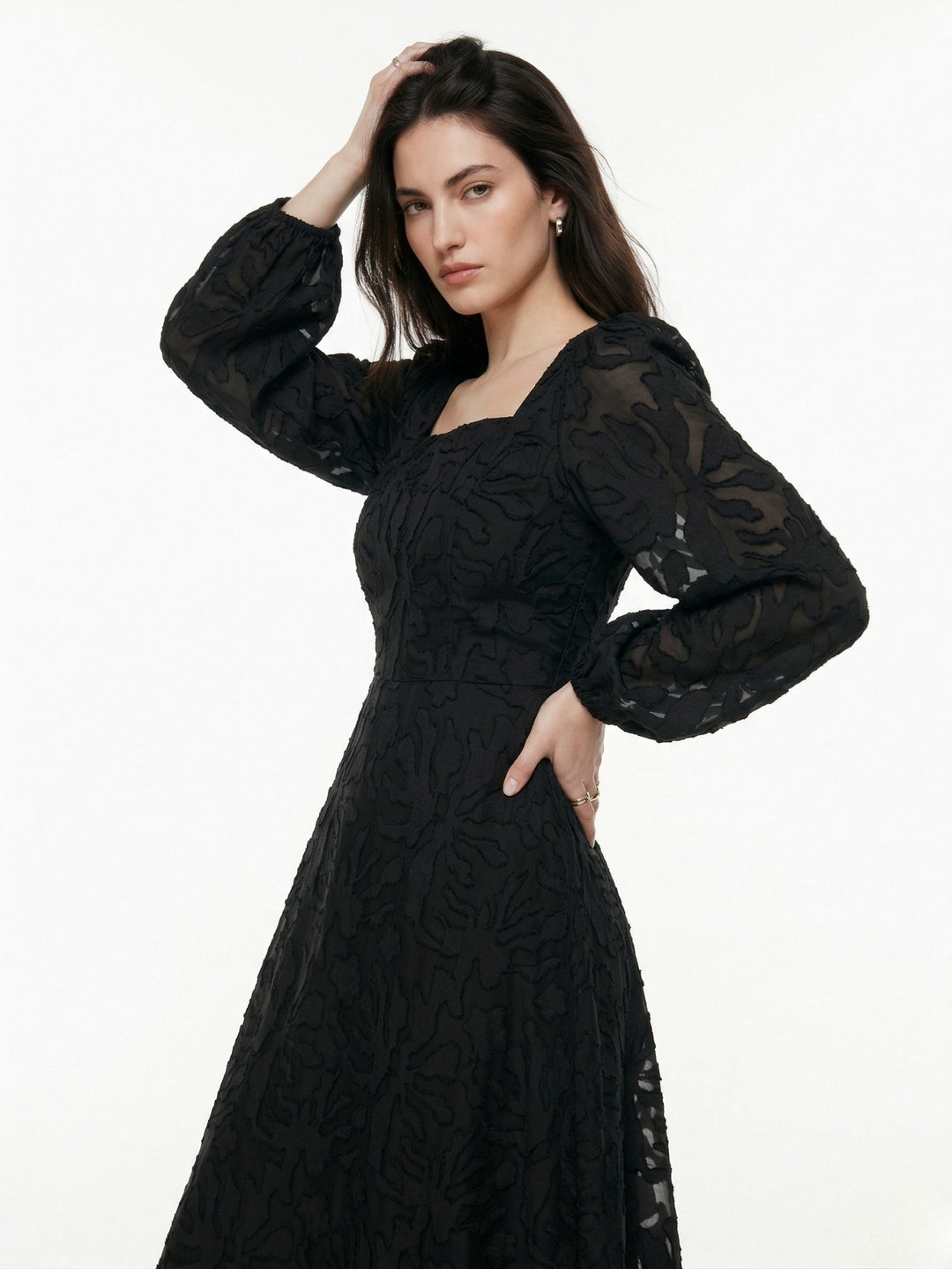 Black Square Neck Textured Floral Embossed Dress