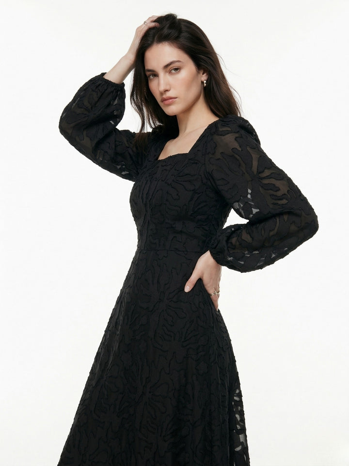 Black Square Neck Textured Floral Embossed Dress