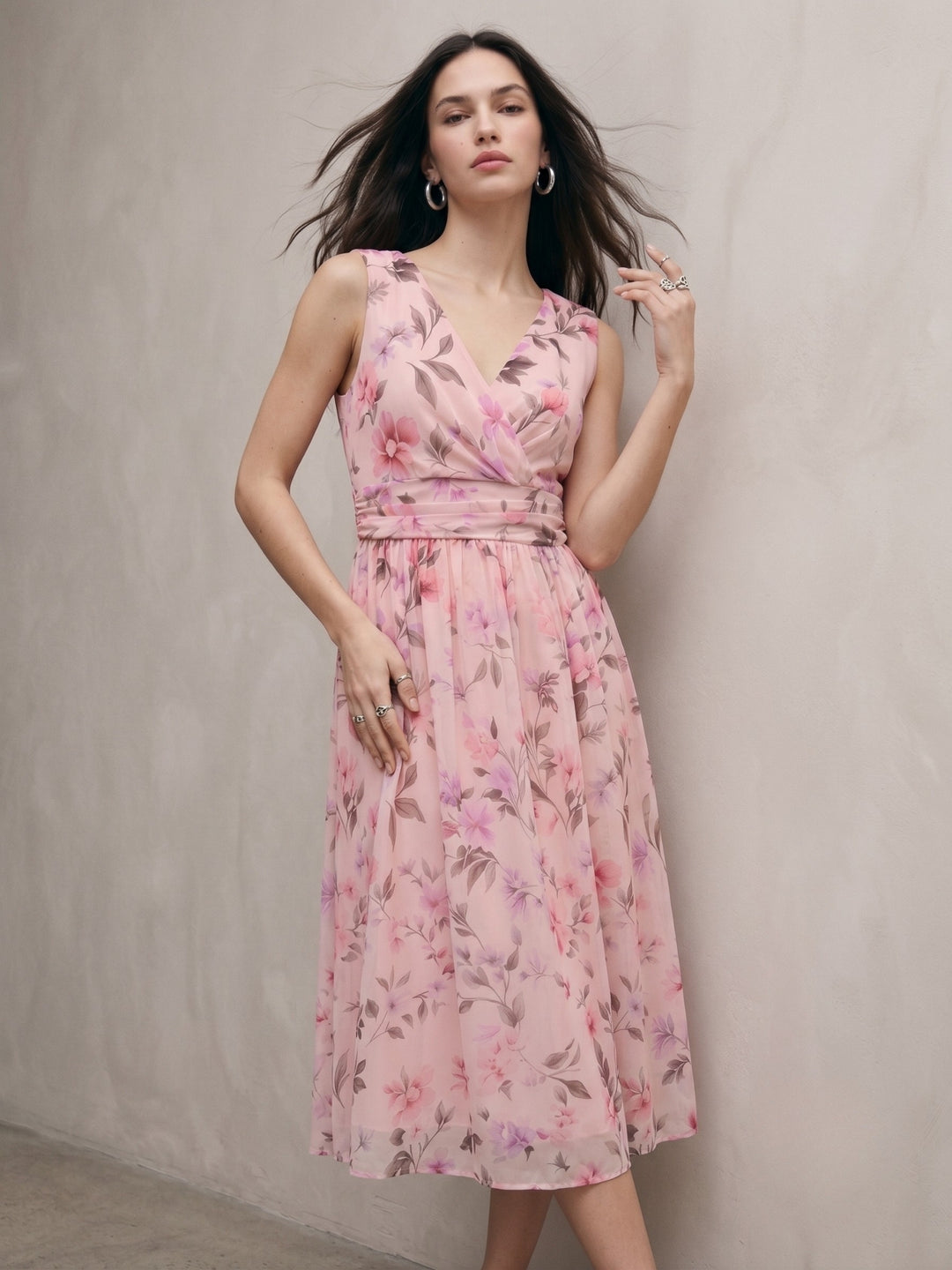 Multi Floral Printed Plunge Neck Dress