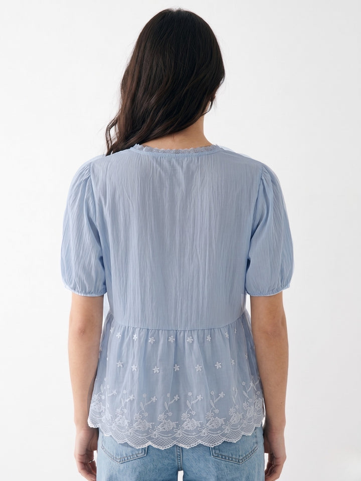 Light Blue Front Tie-Up Scallop Hem Top