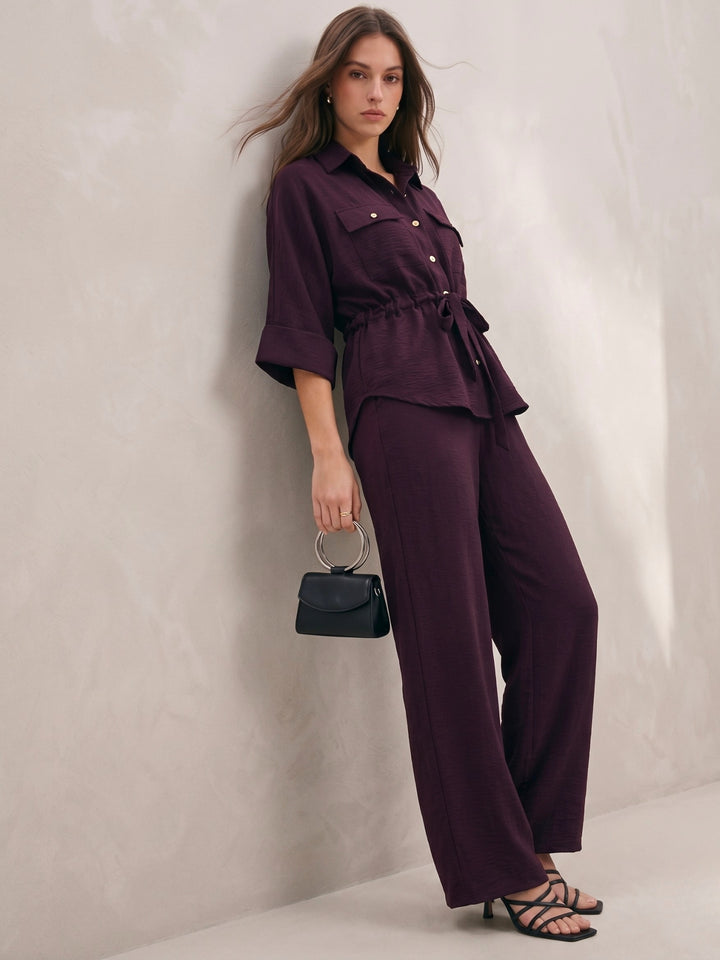 Maroon Coord Set With Oversized Utility Shirt With Wide Leg Touser In Elevated Textured Fabric
