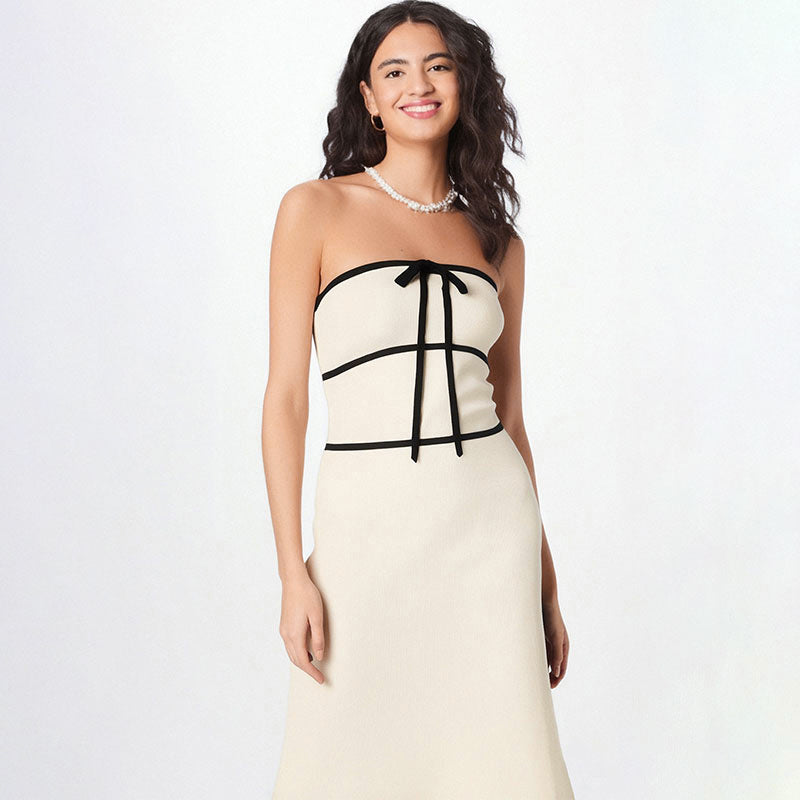 Off White Off Shoulder Contrast Tiping Maxi Dress