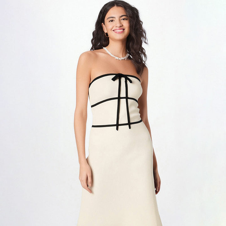 Off White Off Shoulder Contrast Tiping Maxi Dress