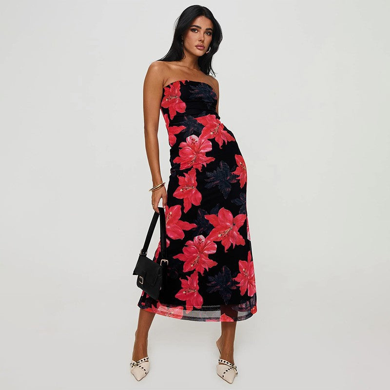 Pink Floral Print Off Shoulder Dress