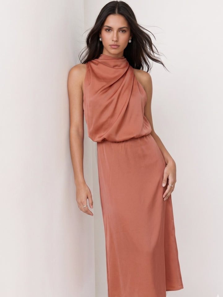 Peach Mock Neck Flared Dress