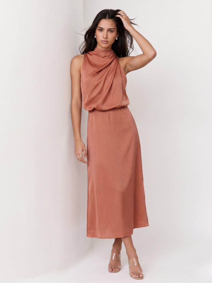 Peach Mock Neck Flared Dress