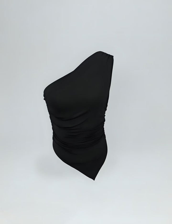 Black One Shoulder Asymmetrical Hem Top