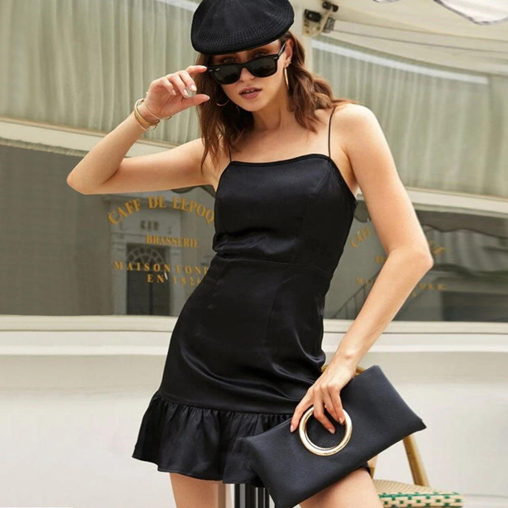 Black Spaghetti Strap Ruffle Hem Dress