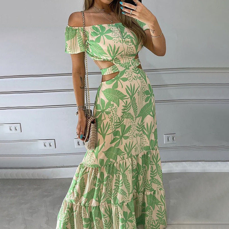 Green Printed Off-Shoulder Cut Out Dress
