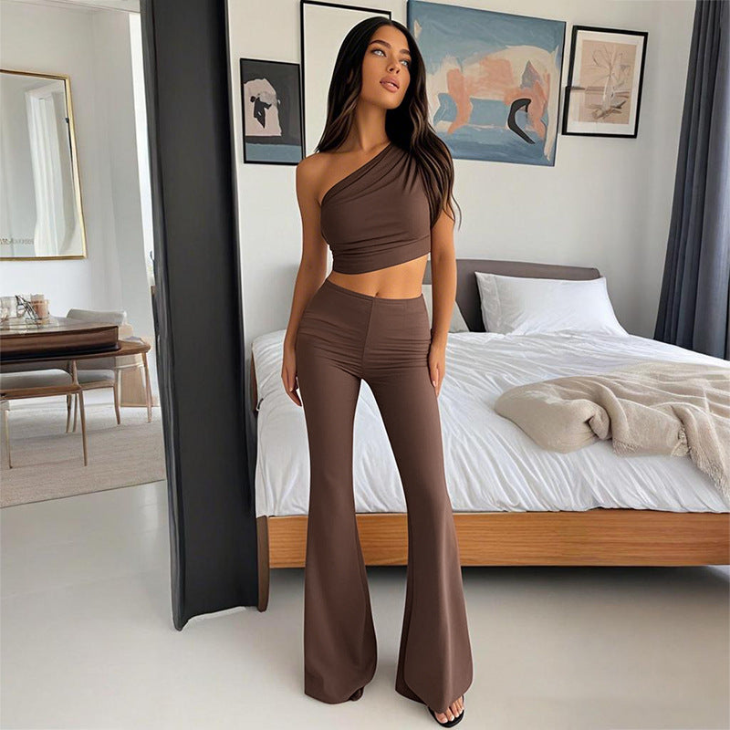 Brown One Shoulder Fitted Top and Pants Co-Ord Set