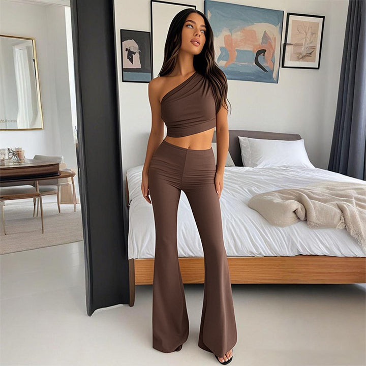 Brown One Shoulder Fitted Top and Pants Co-Ord Set