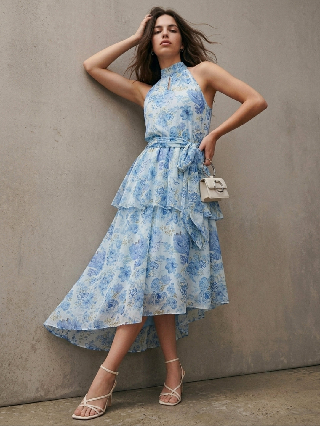 Blue Knee Length Asymmetric Hemline Tiered Printed Dress With Belt