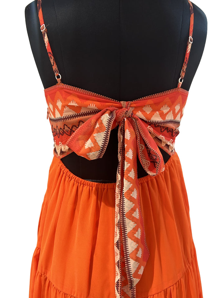 Orange Shoulder Strap Back Bow Tiered Dress