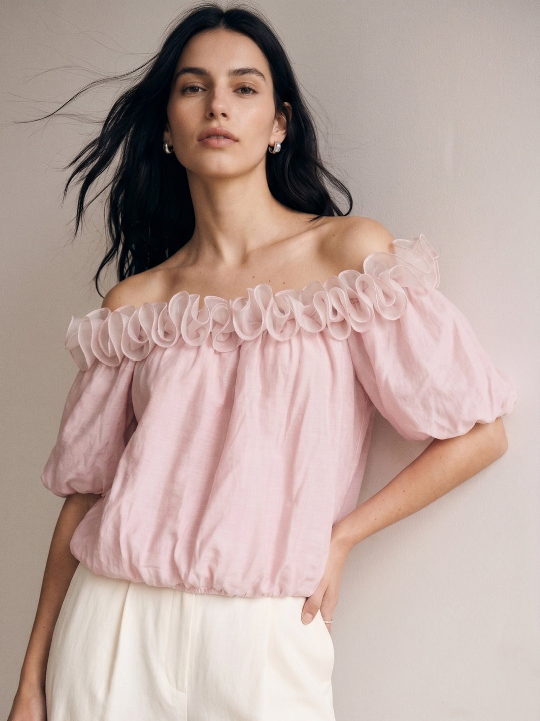 Pink Ruffle Neck Puff Sleeve Top
