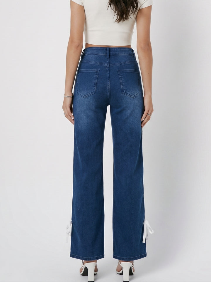 Navy Blue Contrast Detail Wide Leg Jeans