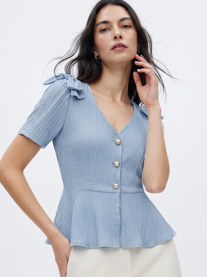 Light Blue Shoulder Bow Front Buttoned Textured Top