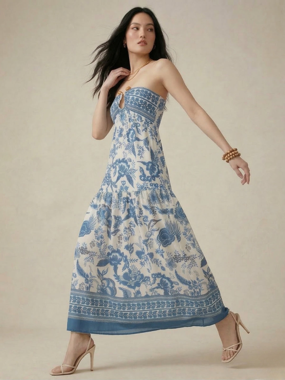 Blue Tube Metal Trim Printed Dress