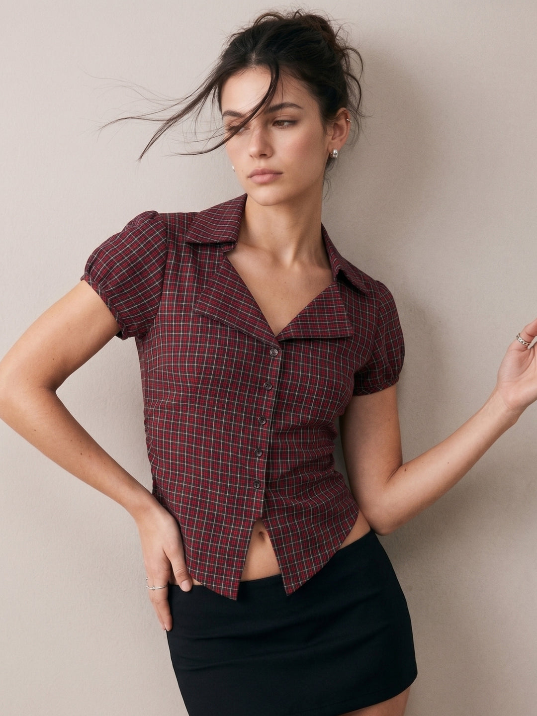 Wine Checkered Fitted Button Down Shirt With Back Belt Detail