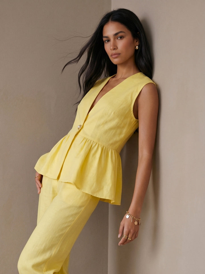 Yellow Sleeveless V Neck Top And Pant Set