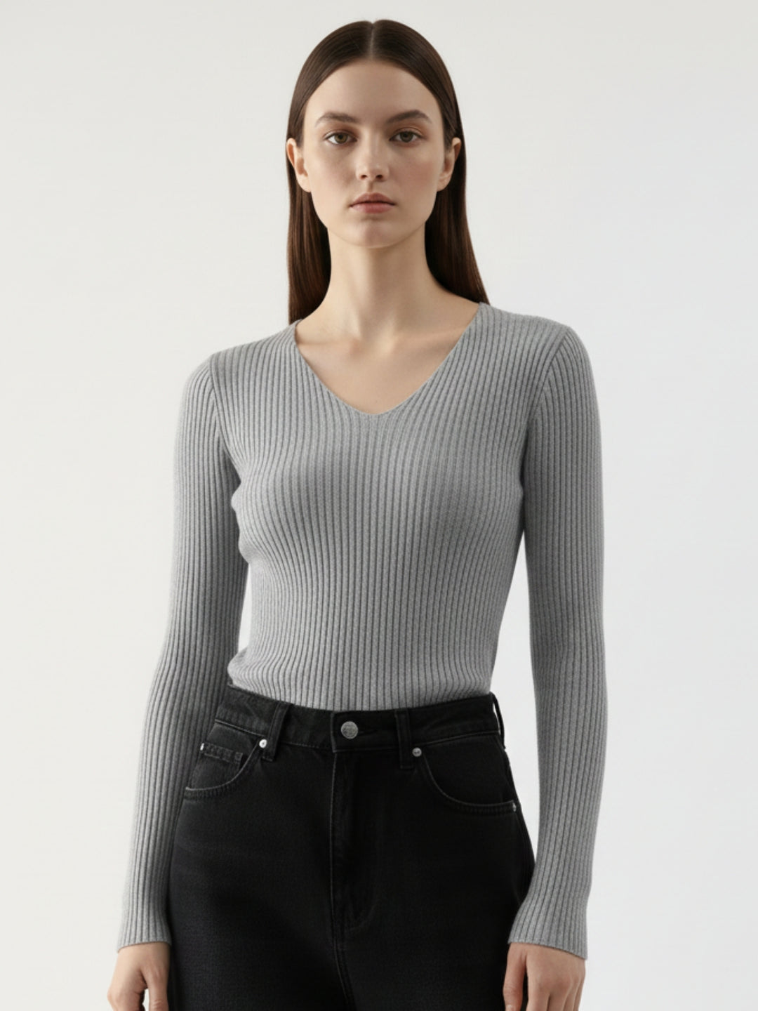 Grey Full Sleeve V Neck Fitted Top