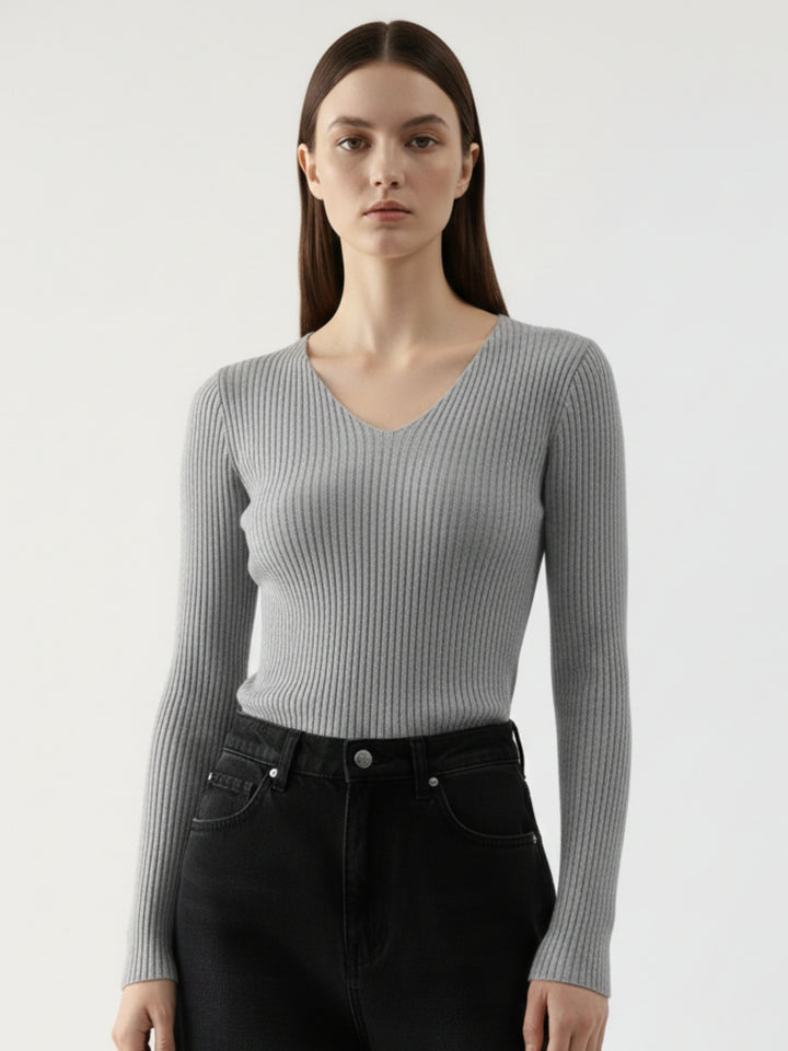 Grey Full Sleeve V Neck Fitted Top