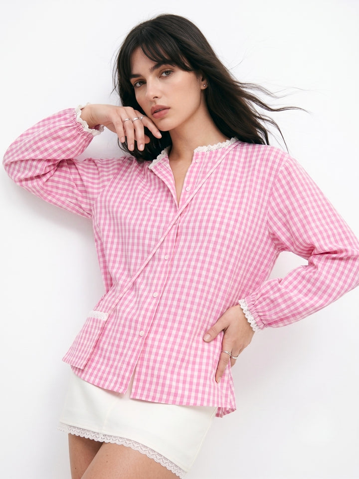 Pink Relaxed Fit Lace Detailed Ghingham Check Cotton Blouse With Self Fabric Bag