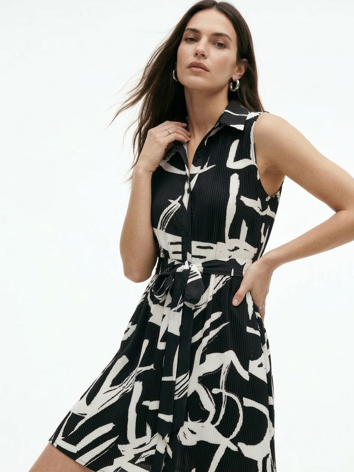 Black Sleeveless Collared Printed Dress