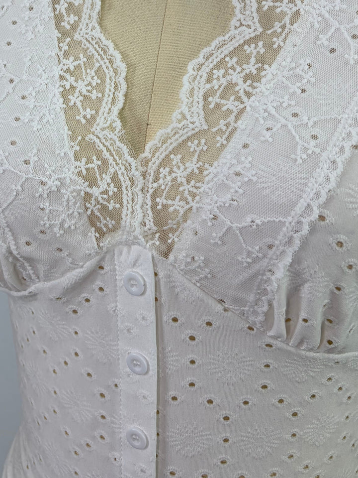 White V Neck Scalloped Lace Button Down Top