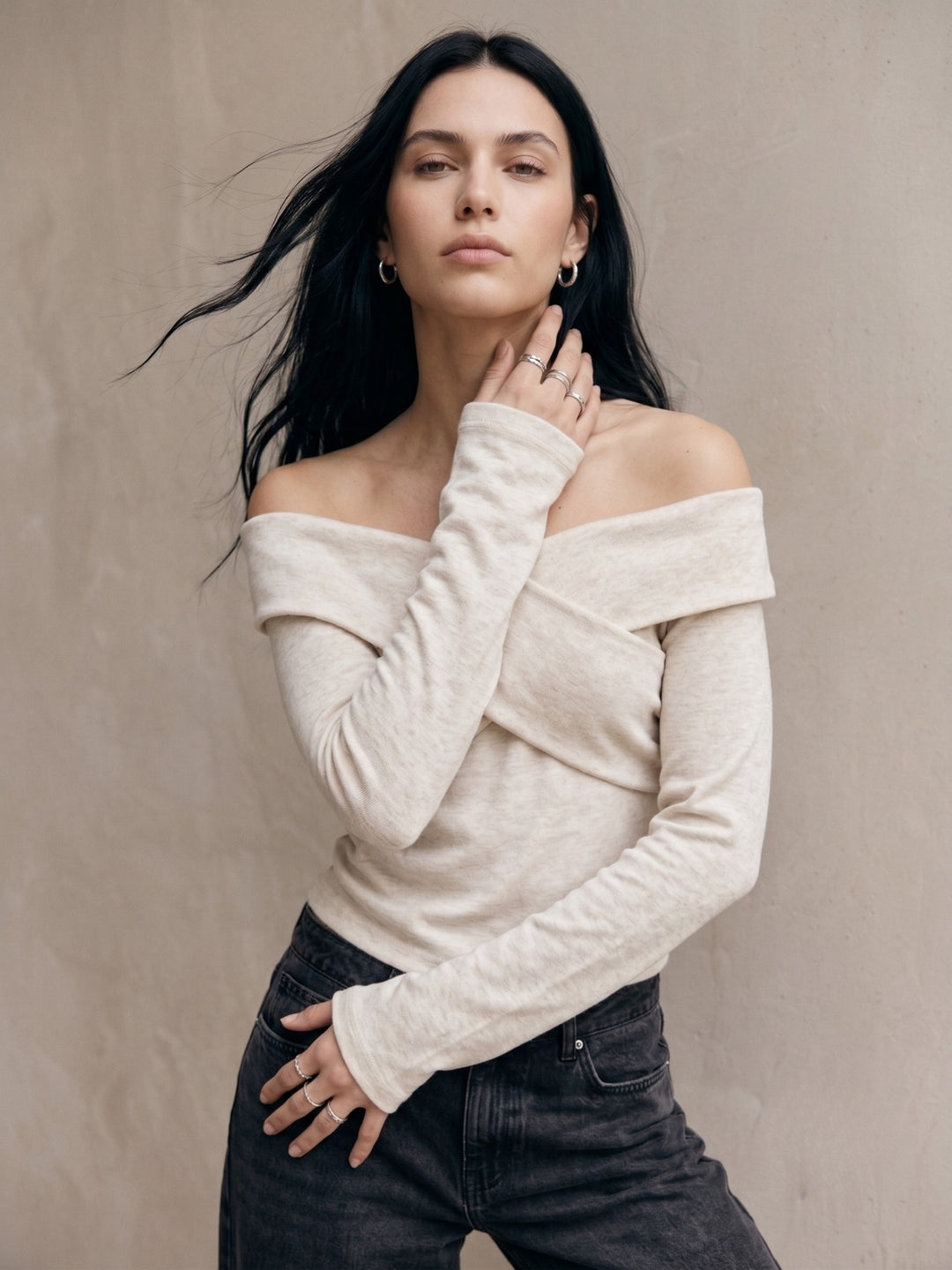 Cream Criss Cross Off-Shoulder Fitted Top