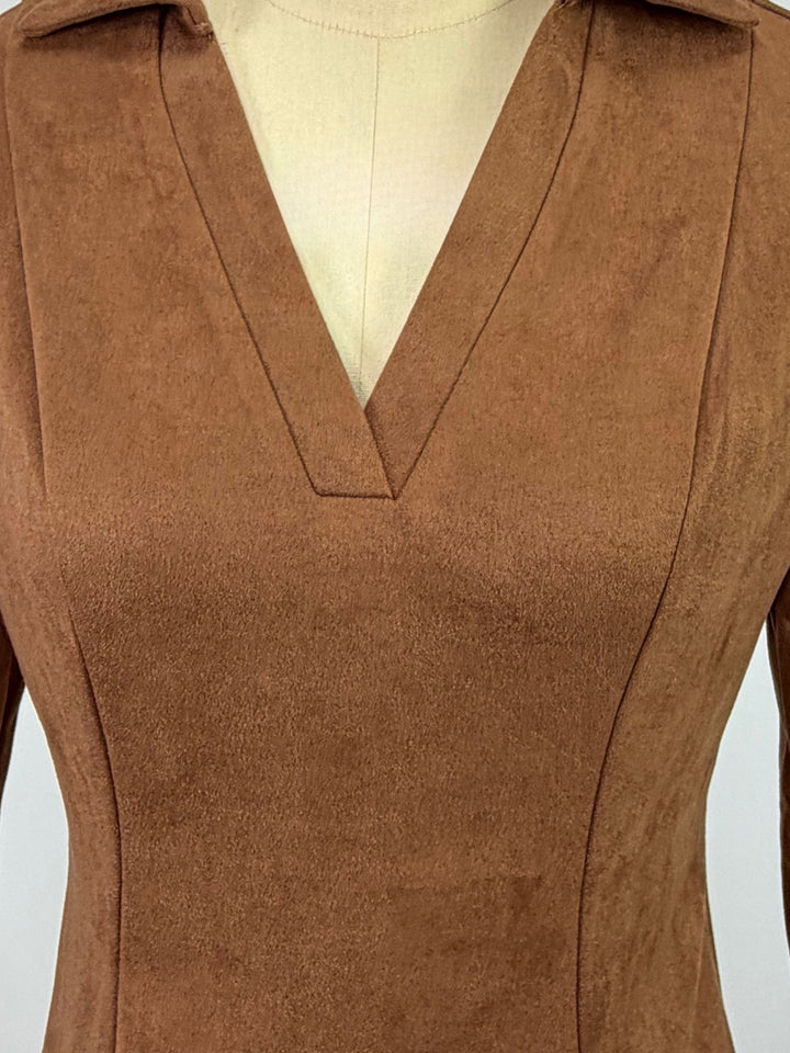 Brown V Neck Collared Polo Skater Dress